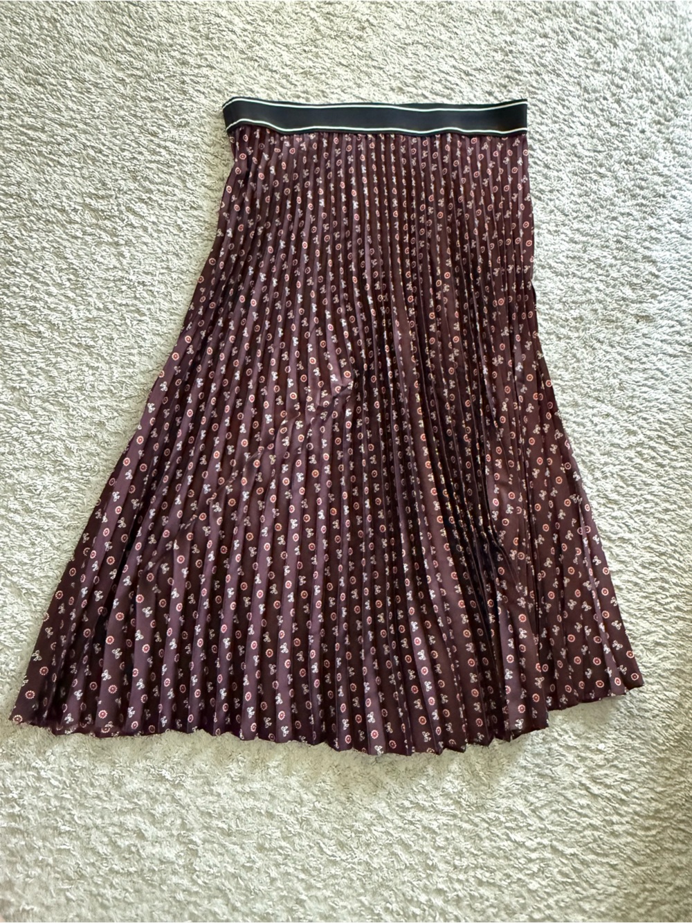 LOFT Burgundy Pleated Midi Skirt with Tiny Floral Print